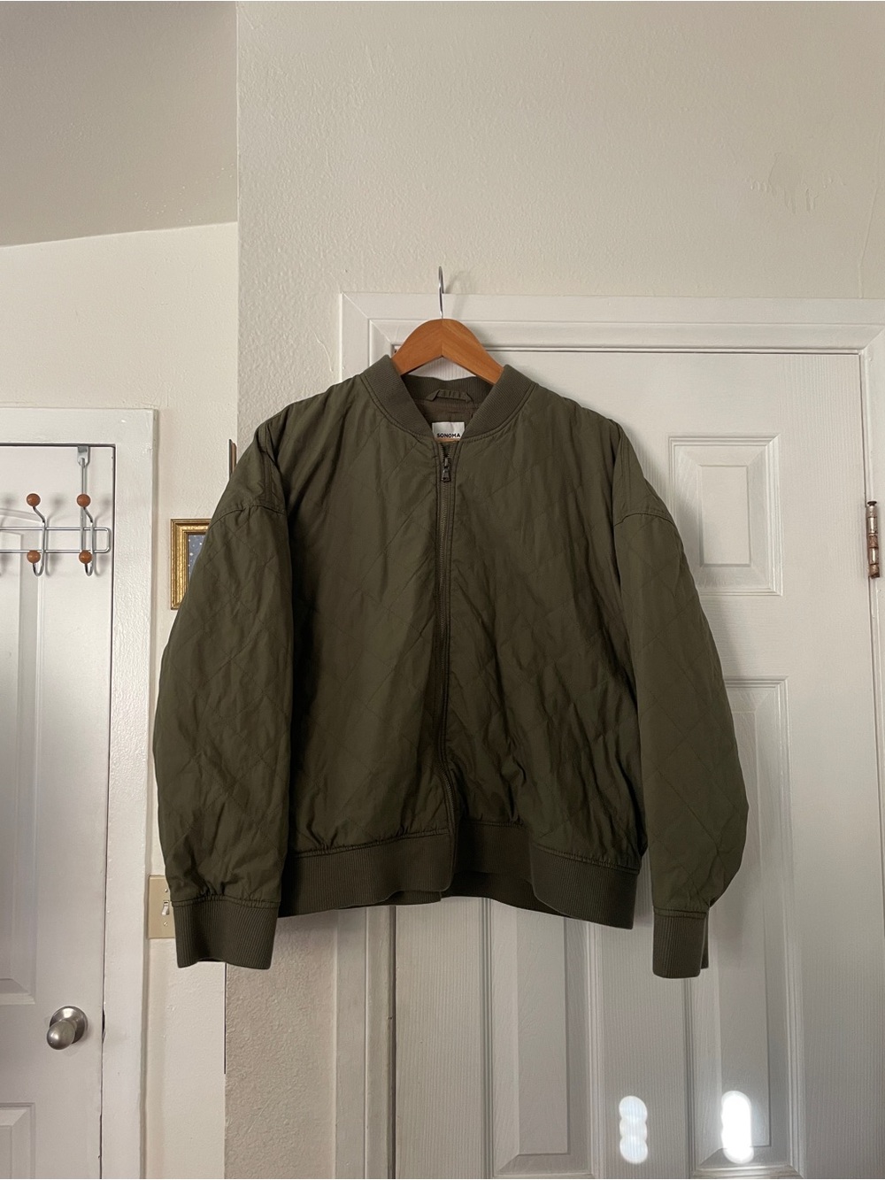 Olive Green Bomber Jacket Full-Zip Quilted Size XXL Casual Minimalist Fall